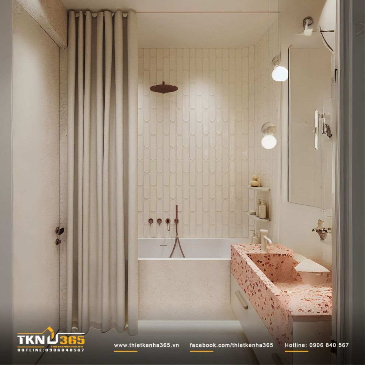 Ph&ograve;ng tắm nhỏ gọn với lavabo terrazzo m&agrave;u hồng nhẹ nh&agrave;ng v&agrave; bồn tắm trắng tạo điểm nhấn tinh tế