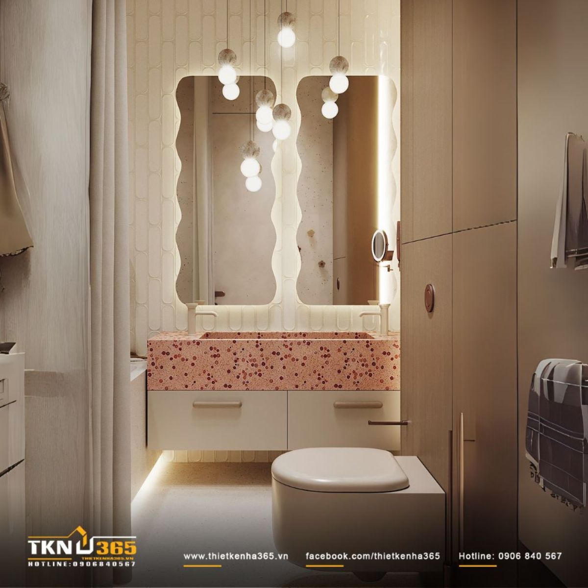 Gương bo cong v&agrave; cụm đ&egrave;n tr&ograve;n tạo hiệu ứng phản chiếu mềm mại đầy cảm x&uacute;c