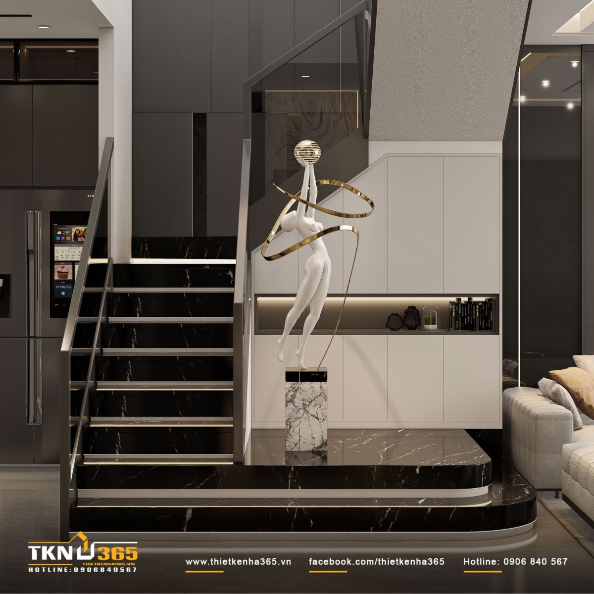 Sự cân bằng giữa chất liệu bóng và nhám giúp không gian sống bên trong D’s House có chiều sâu hơn