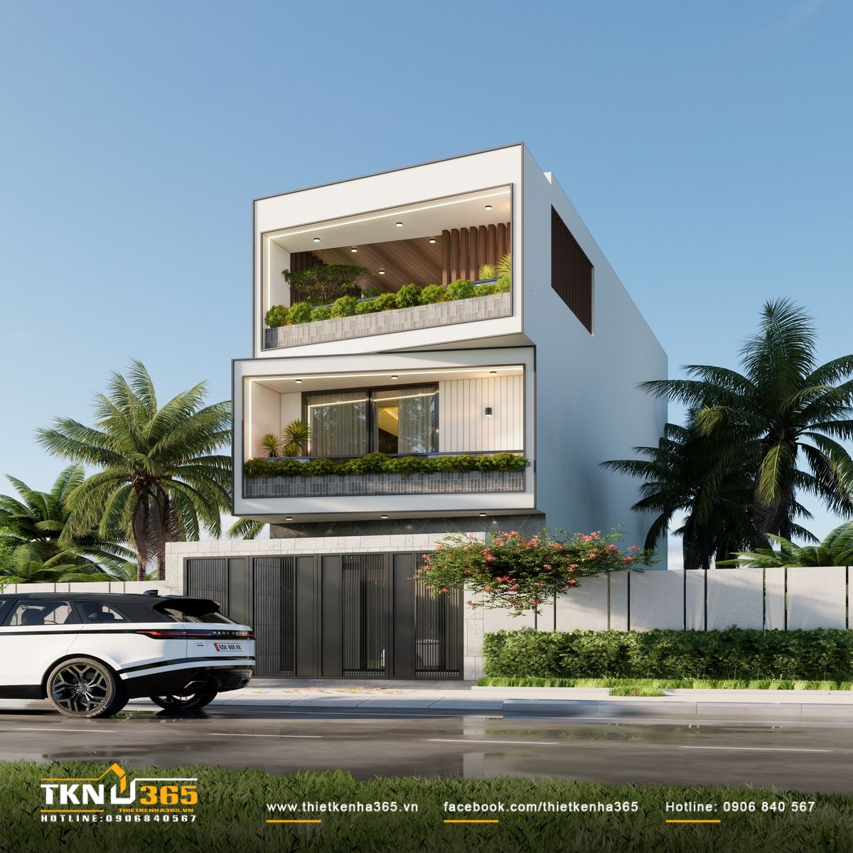 Tầng trệt sử dụng đá tự nhiên sắc độ trầm, lầu hai và ba chuyển tiếp bằng các mảng tường trắng mịn, xen kẽ lam gỗ và khoảng xanh mềm mại