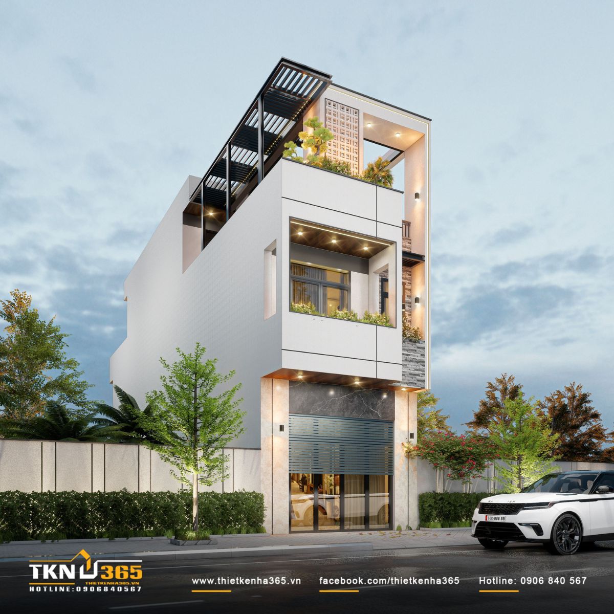 Mặt tiền nh&agrave; phố Q&rsquo;s House sử dụng t&ocirc;ng m&agrave;u trung t&iacute;nh chủ đạo, to&aacute;t l&ecirc;n vẻ đẹp trang nh&atilde;, dễ d&agrave;ng kết nối với cảnh quan thi&ecirc;n nhi&ecirc;n xung quanh