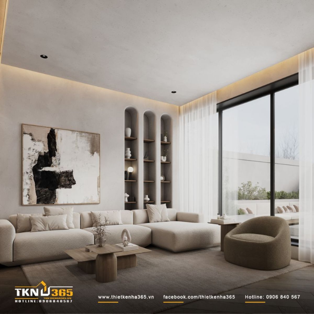 Kh&ocirc;ng gian sinh hoạt ch&iacute;nh mở rộng tối đa ra s&acirc;n trước, đ&oacute;n nắng gi&oacute; tự nhi&ecirc;n qua hệ cửa k&iacute;nh lớn, x&oacute;a nh&ograve;a khoảng c&aacute;ch trong - ngo&agrave;i, con người - thi&ecirc;n nhi&ecirc;n