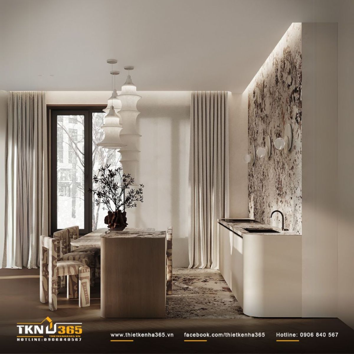 Khu vực bếp - ăn thiết kế mở liền mạch với ph&ograve;ng kh&aacute;ch, tạo cảm gi&aacute;c rộng r&atilde;i v&agrave; hiện đại