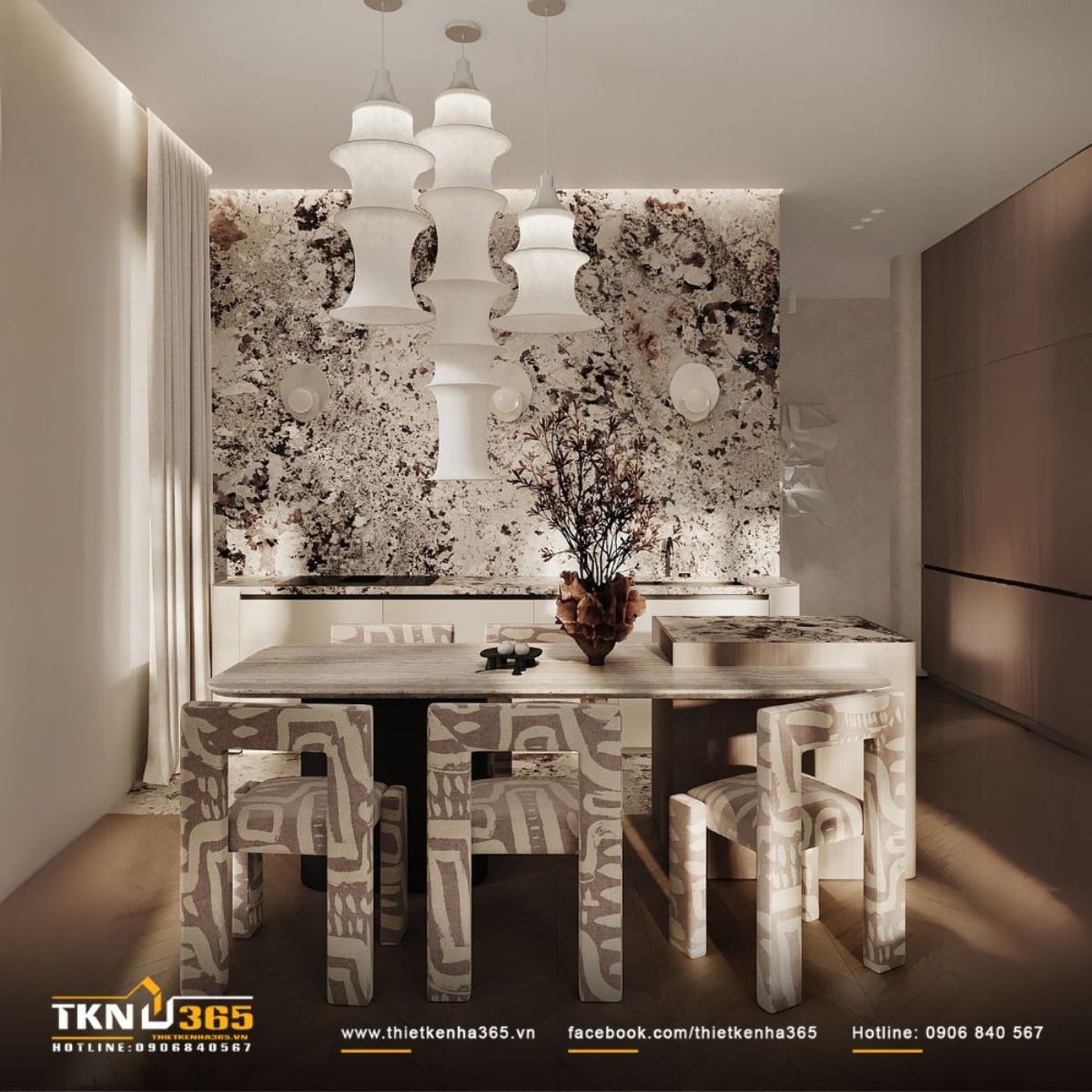 Những chiếc đ&egrave;n thả v&agrave; họa tiết tr&ecirc;n tường l&agrave;m nổi bật tinh thần nghệ thuật trong kh&ocirc;ng gian sống