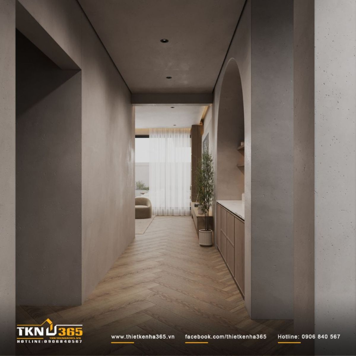 Lối đi kết nối c&aacute;c kh&ocirc;ng gian sinh hoạt ở tầng trệt được dẫn dắt bởi &aacute;nh s&aacute;ng dịu, c&aacute;ch bố tr&iacute; n&agrave;y gi&uacute;p nh&agrave; phố lu&ocirc;n th&ocirc;ng tho&aacute;ng v&agrave; tr&agrave;n đầy năng lượng