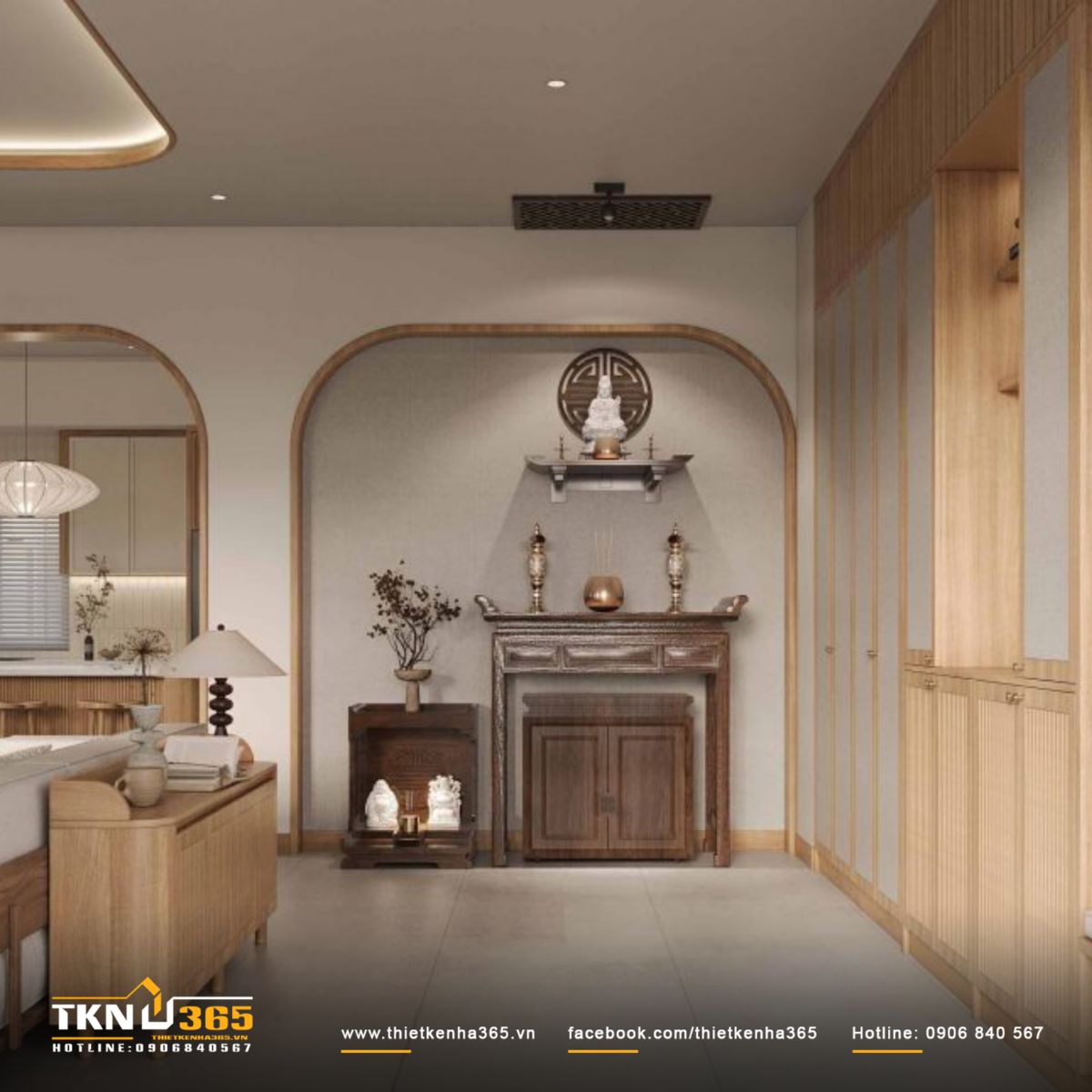 Khu vực bàn thờ thiết kế trang trọng trong khung vòm cong, mang lại cảm giác tôn nghiêm mà vẫn hòa hợp cùng tổng thể nội thất