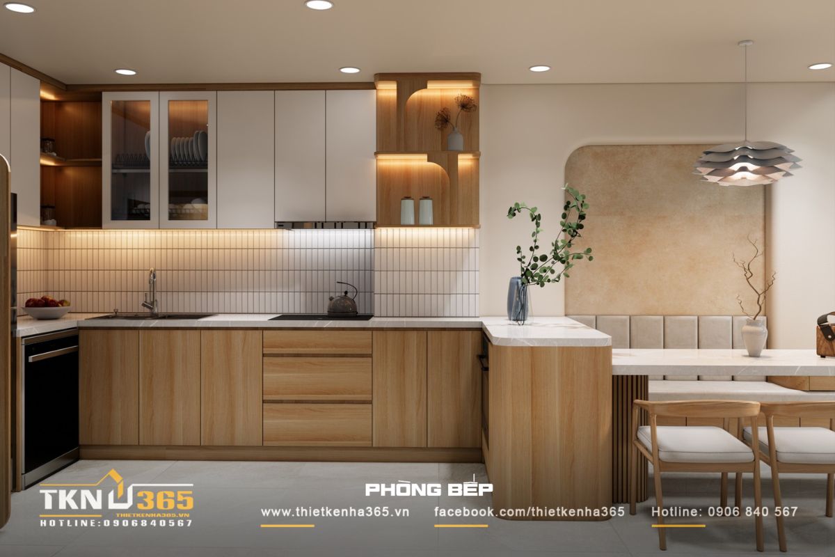 Bếp chữ L nhỏ gọn, phối màu trắng - gỗ trang nhã, tối ưu diện tích sử dụng trong nhà phố 4 tầng