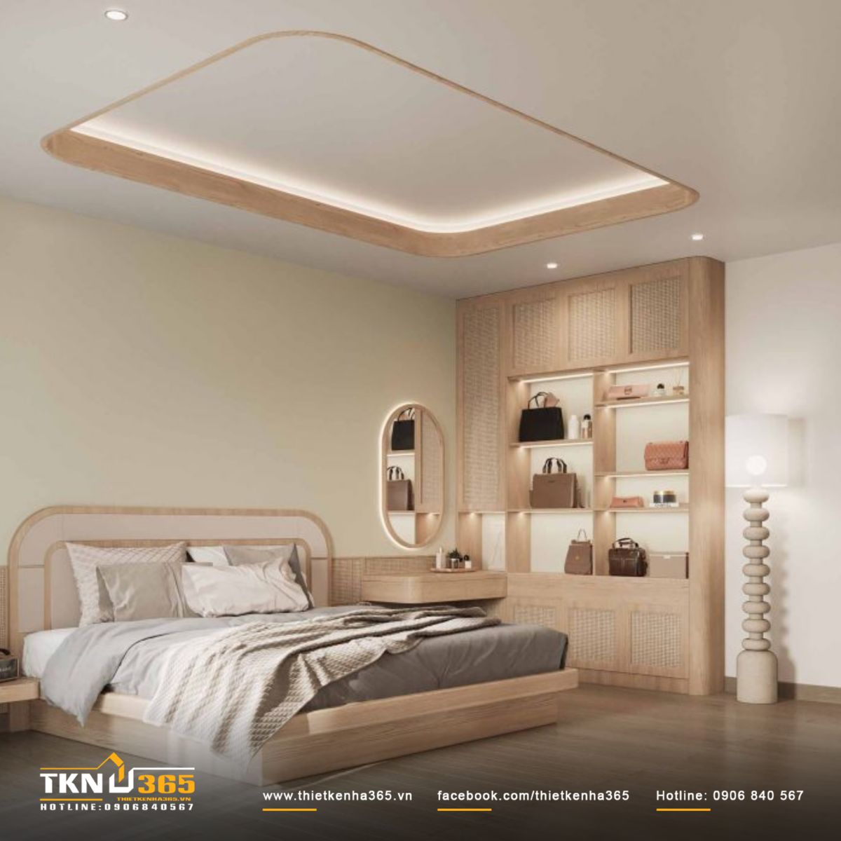 Phòng ngủ master sử dụng màu be dịu nhẹ và các chi tiết bo tròn tinh tế