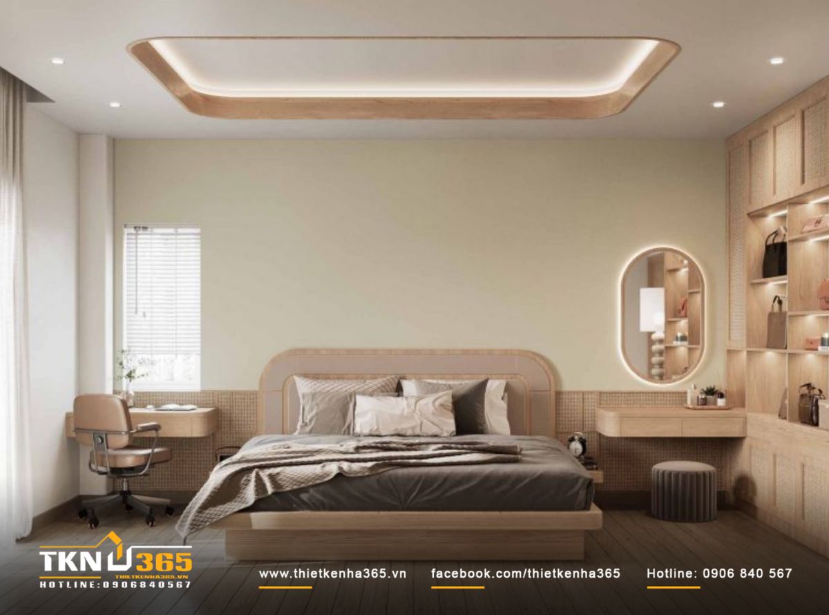 Trần hắt sáng hiện đại và nội thất gỗ sáng màu mang đến không gian nghỉ ngơi ấm cúng và thanh lịch