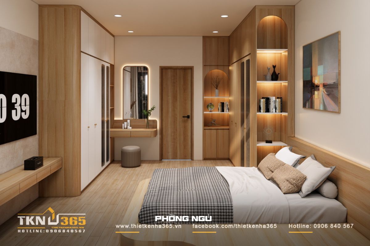 Bố cục hài hòa với tủ kịch trần, hốc tường bo cong và bàn trang điểm gọn gàng