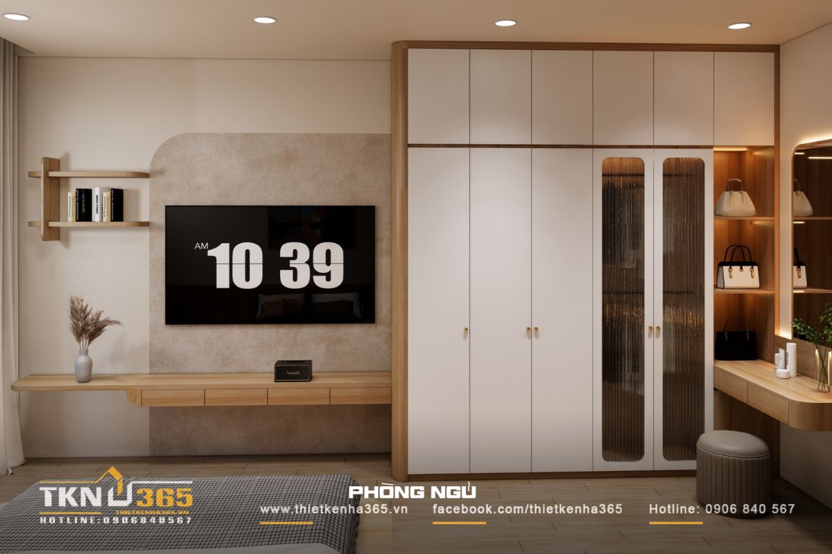 Góc nhìn đối diện giường bố trí tivi để gia chủ thư giãn thoải mái