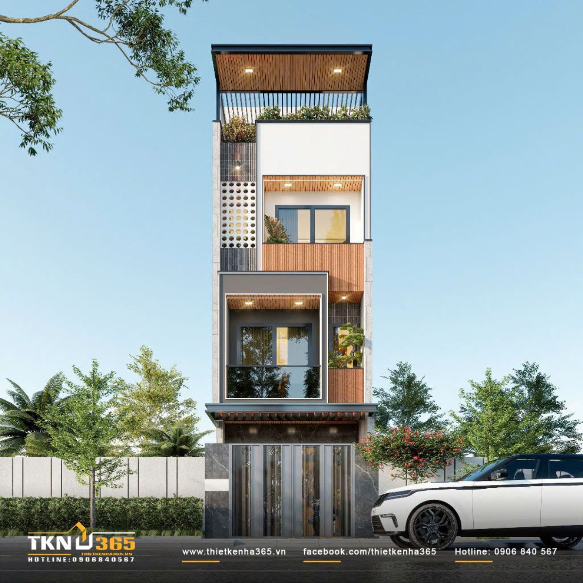 Gam màu trung tính từ các loại vật liệu khác nhau tạo nên sức hút cho thiết kế mặt tiền mặc dù đường nét rất đơn giản