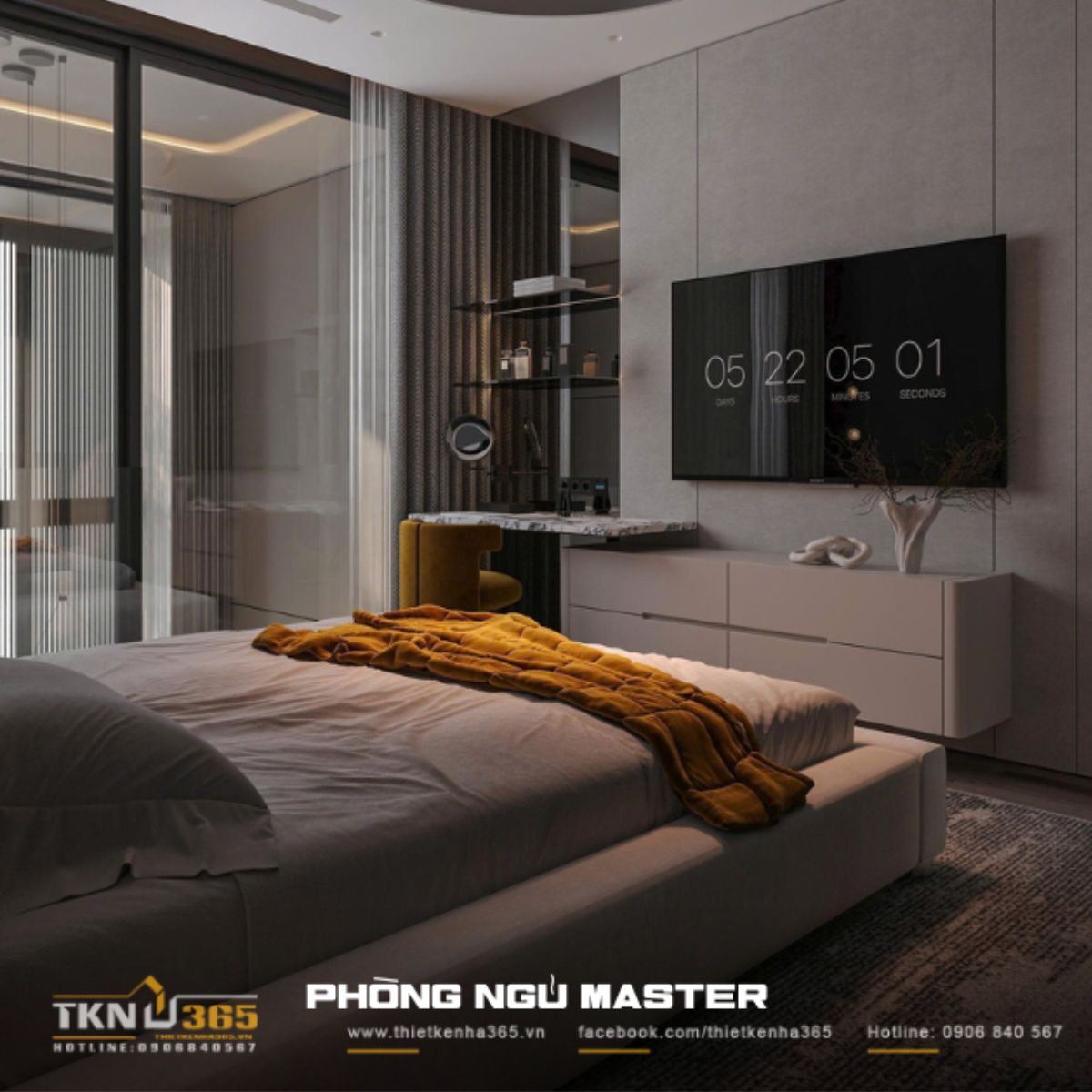 Phòng ngủ master đặt thêm tivi để gia chủ thoải mái thư giãn vào ban đêm