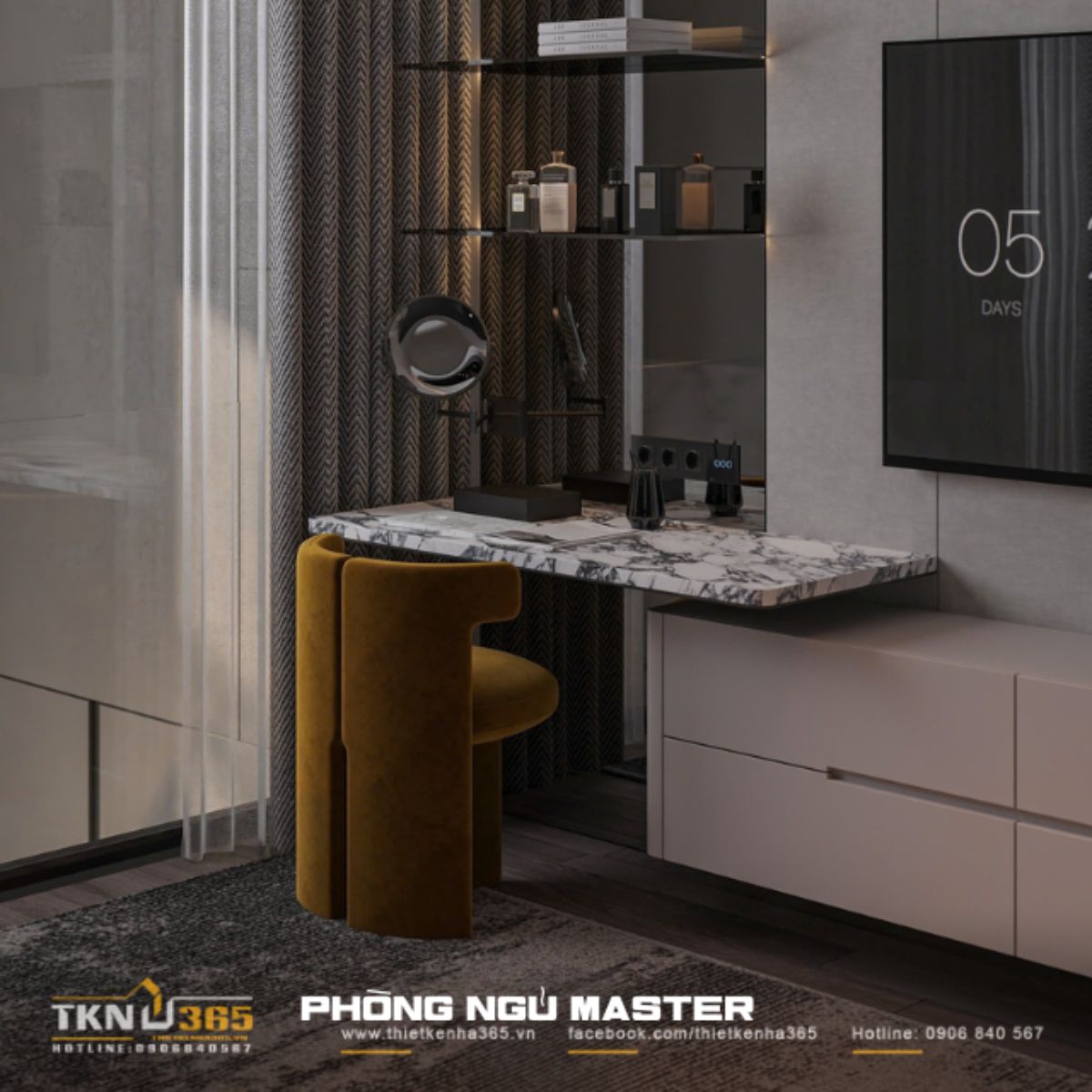Ghế nhung màu vàng nghệ là điểm nhấn của thiết kế phòng ngủ master