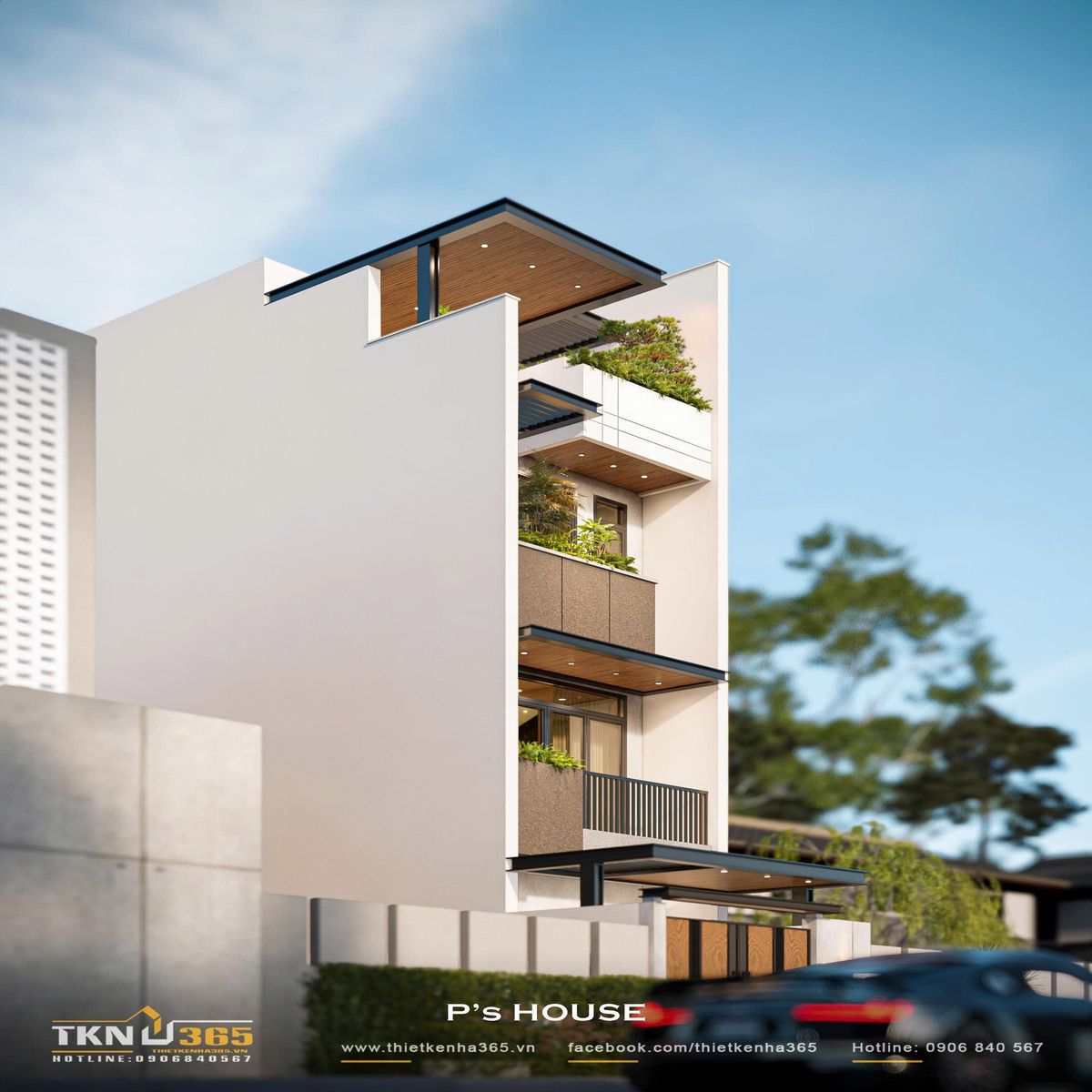 Mái hiên tầng thượng mở rộng bằng trần ốp gỗ và khu vườn nhỏ, mang đến không gian sống xanh cho nhà phố