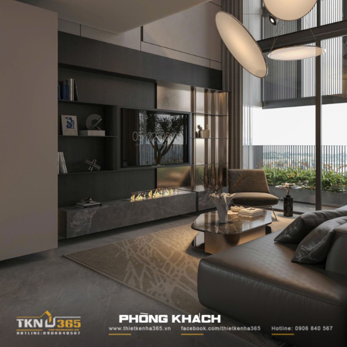 Thiết kế phòng khách thông tầng rộng thoáng là điểm nhấn nổi bật của thiết kế nhà phố 4 tầng