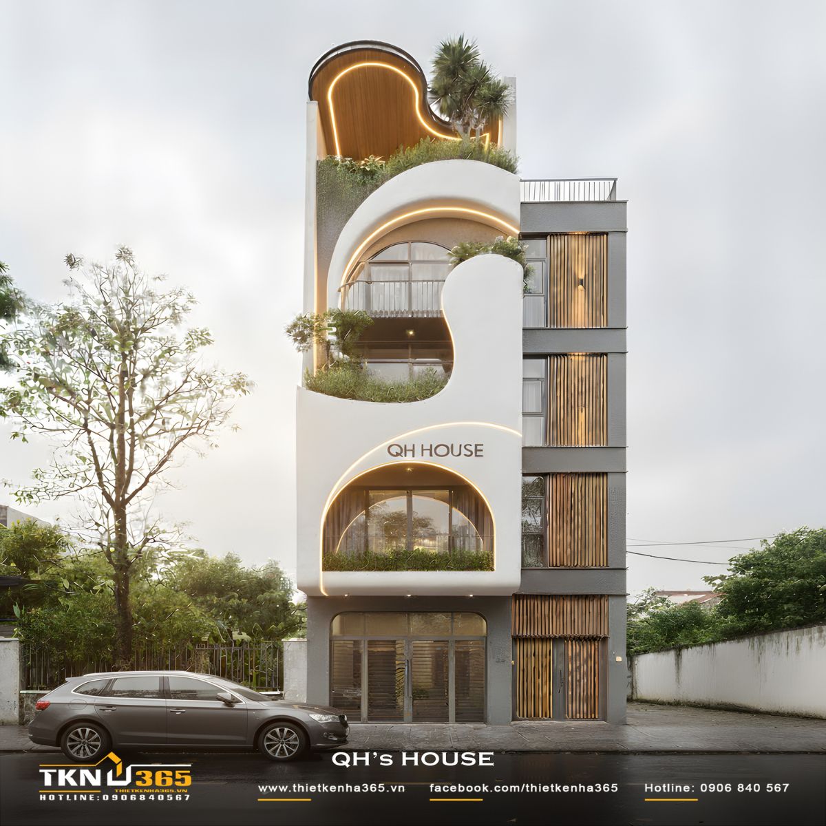 Mặt tiền QH’s House nổi bật nhờ đường cong uốn lượn mềm mại xuyên suốt từ tầng trệt đến mái