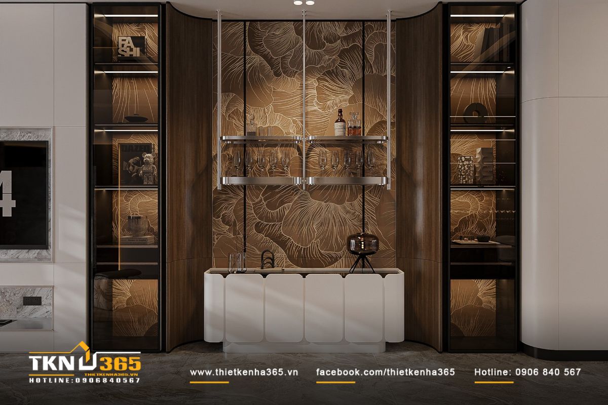 Mảng tường ốp gỗ và kệ trưng bày tinh xảo tựa như góc bar nhỏ trong nhà
