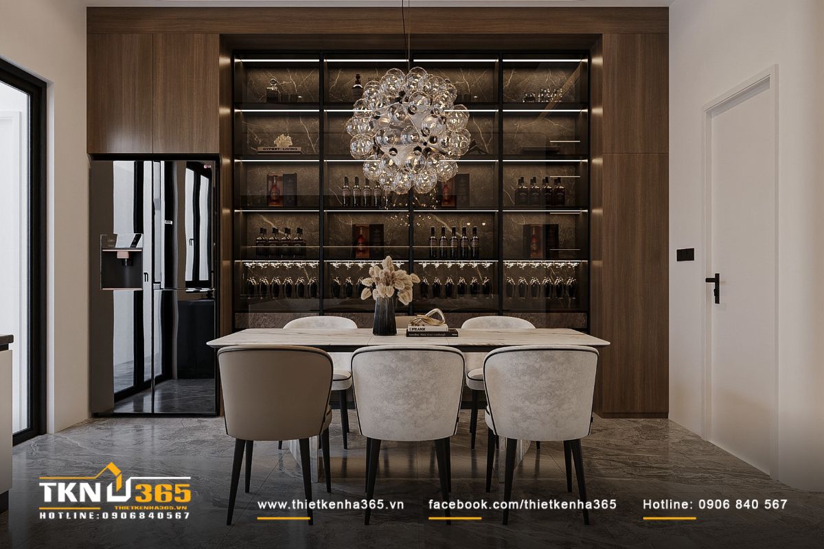 Bàn ăn mặt đá và đèn pha lê hình cầu trở thành điểm nhấn trang trí đầy cuốn hút