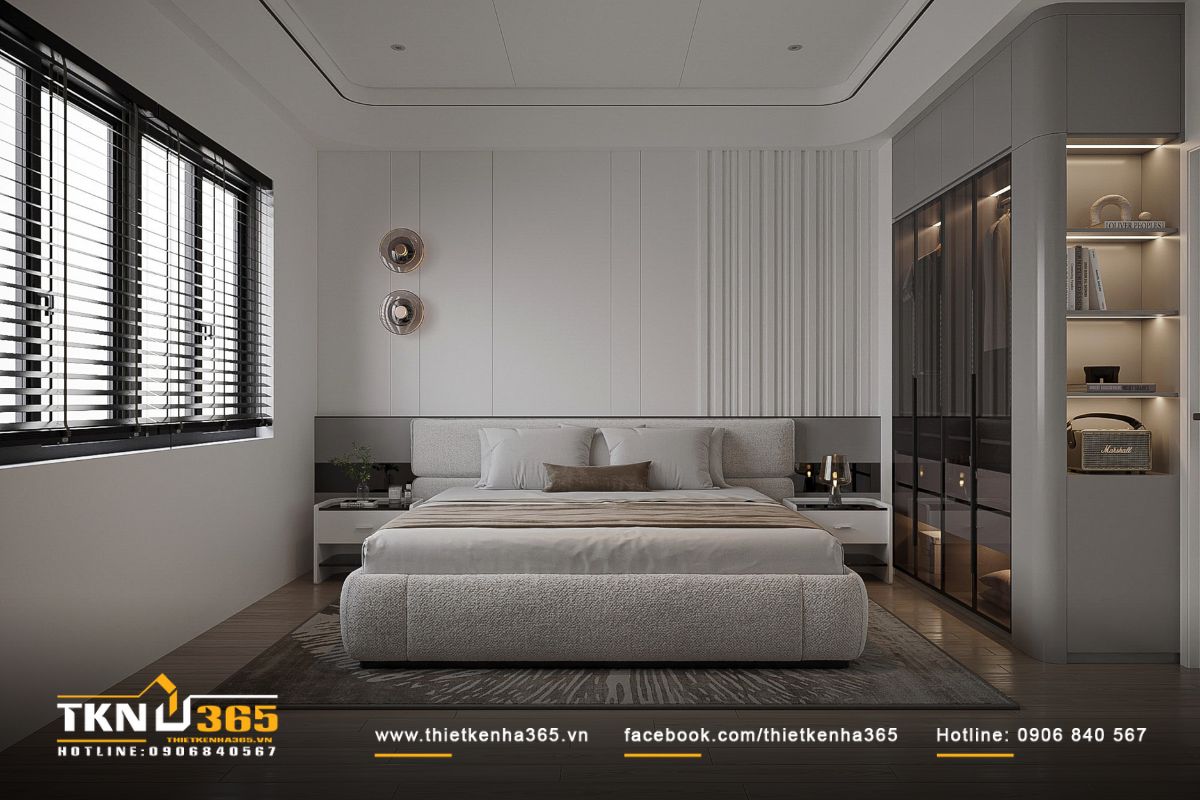 Phòng ngủ phụ thiết kế tối giản, sử dụng tông màu trung tính trang nhã làm chủ đạo