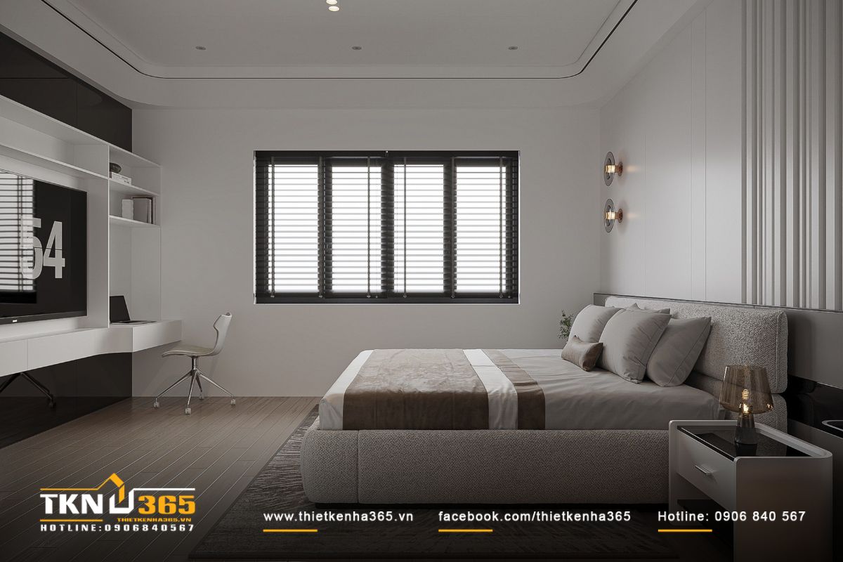 Màu nâu ấm từ chăn phủ và đèn đầu giường gợi cảm giác thư giãn, dễ chịu