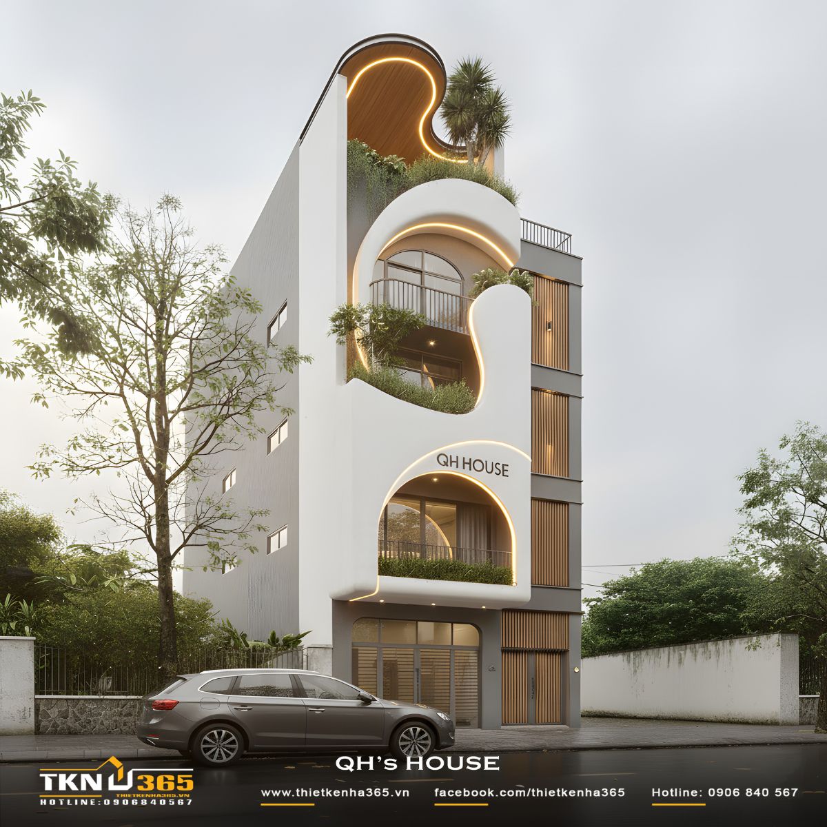 Các khoảng lùi phủ xanh tựa lớp đệm tự nhiên, giúp không gian sống bên trong luôn mát mẻ