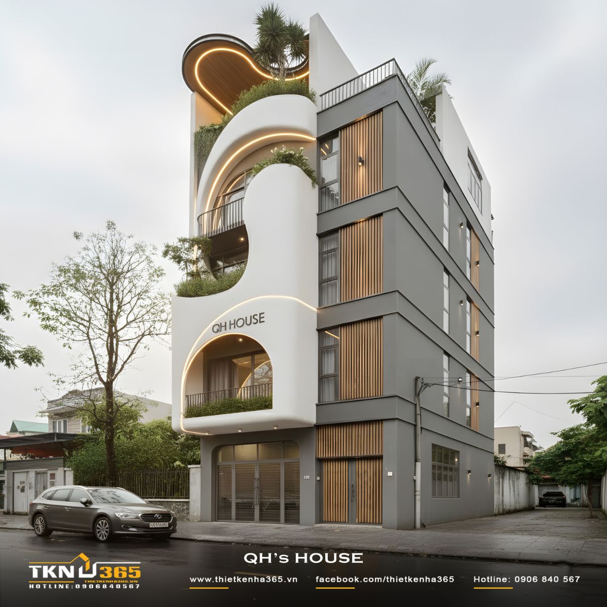 Hệ đèn LED viền theo đường cong giúp QH’s House rực sáng ấm áp giữa phố