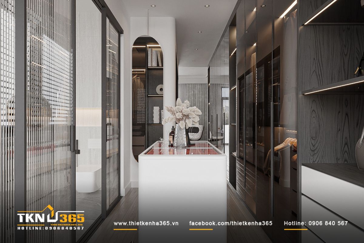 Không gian thay đồ liên thông mượt mà với phòng tắm