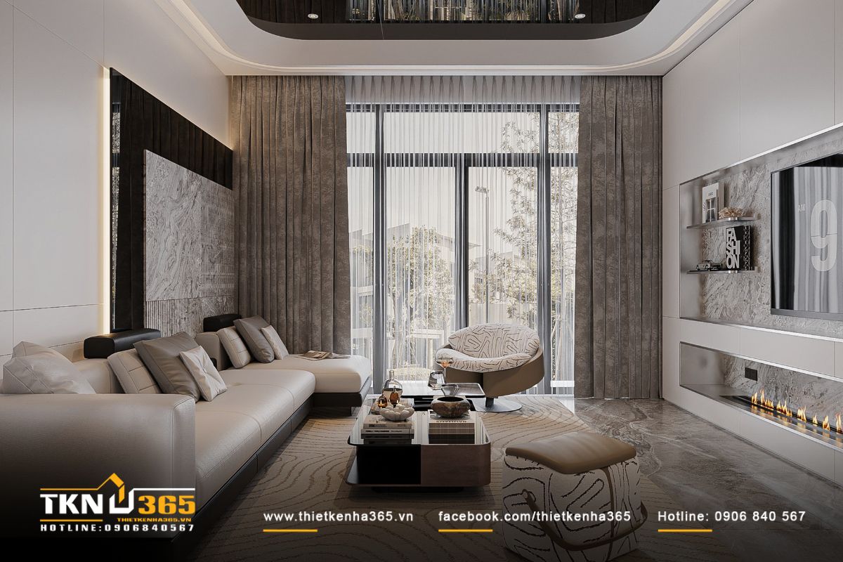 Bức tường đá marble vân tự nhiên kết hợp ánh sáng “ẩn tường” giúp không gian sống có chiều sâu