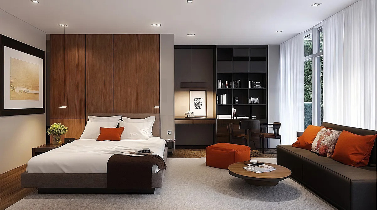 Khi phòng khách và phòng ngủ được bố trí trong cùng một không gian, sự thông thoáng tăng lên rõ rệt.