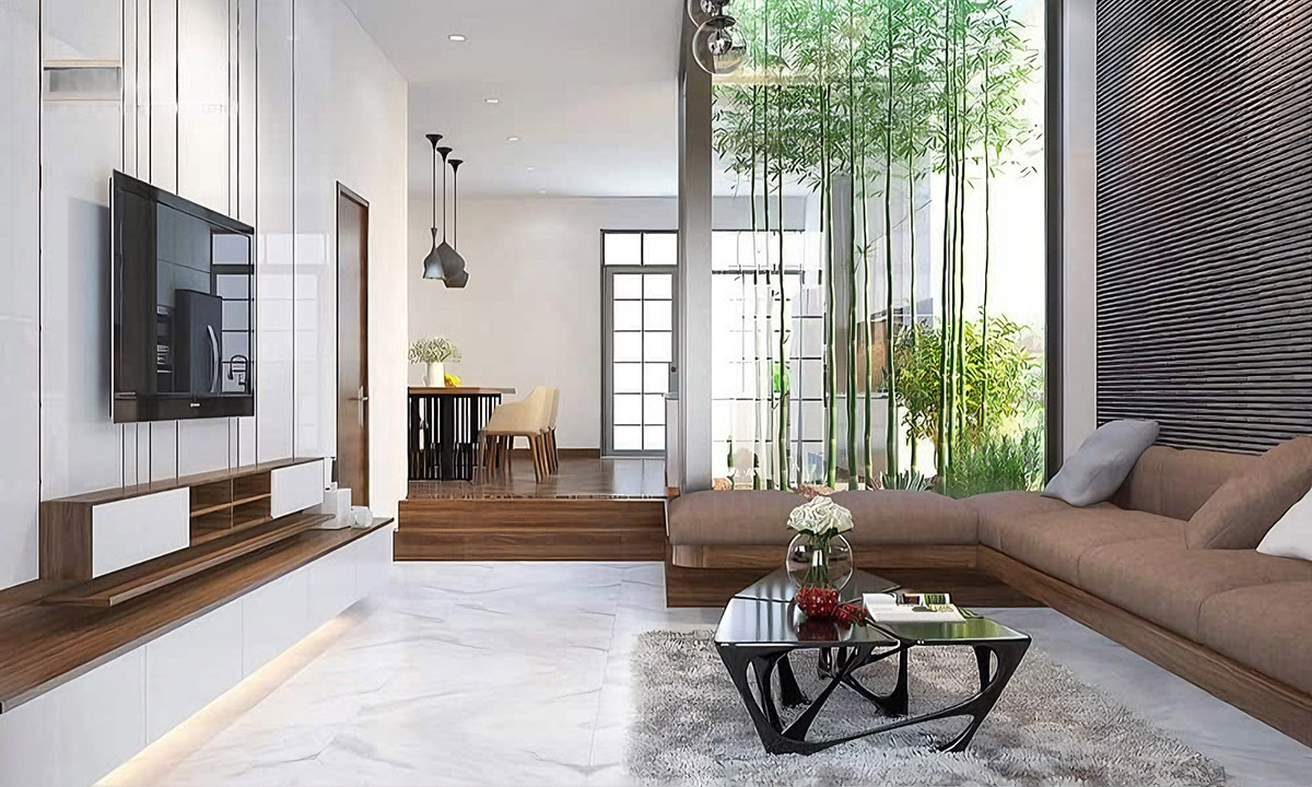 Giếng trời là điểm nhấn quan trọng trong nhà ống hoặc nhà phố hẹp, mang lại ánh sáng và thông gió tự nhiên.