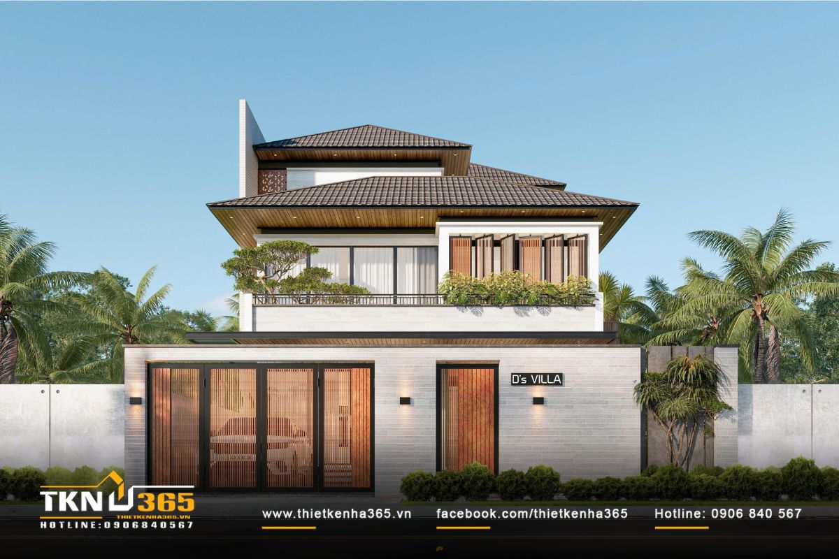 Toàn cảnh mặt tiền biệt thự 2 tầng D’s Villa, khối mái dốc xếp lớp bề thế và cân bằng
