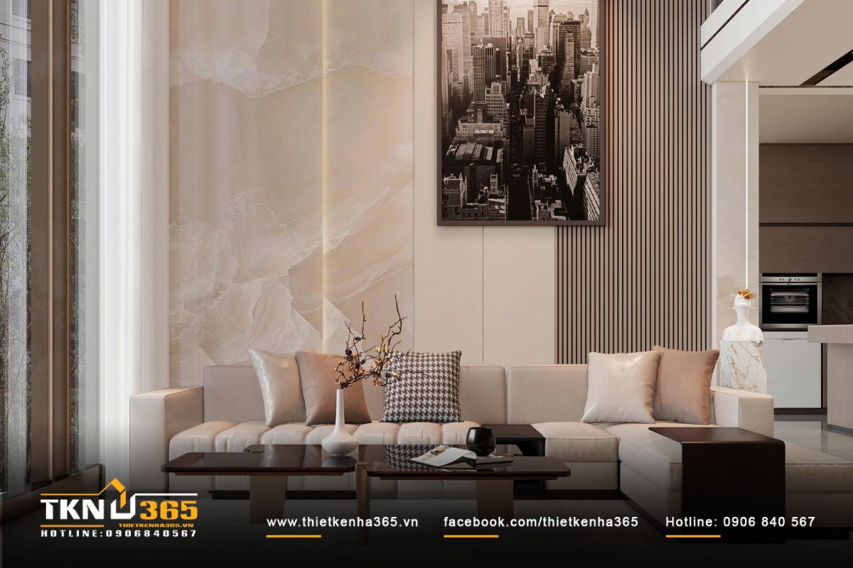 Phòng khách D’s Villa chọn bảng màu trung tính ấm áp và sang trọng