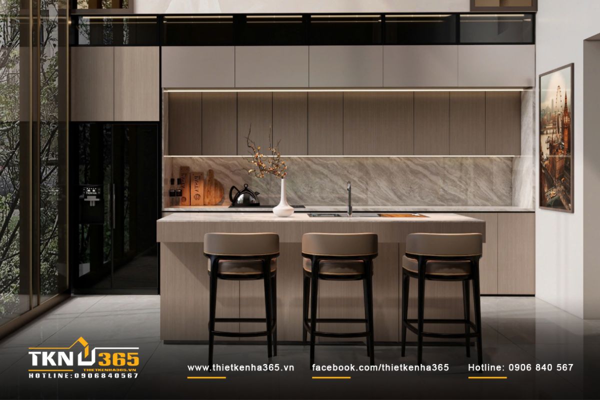 Không gian bếp D’s Villa thiết kế tối giản, hệ tủ phẳng phủ gỗ veneer sáng màu gọn gàng và sang trọng