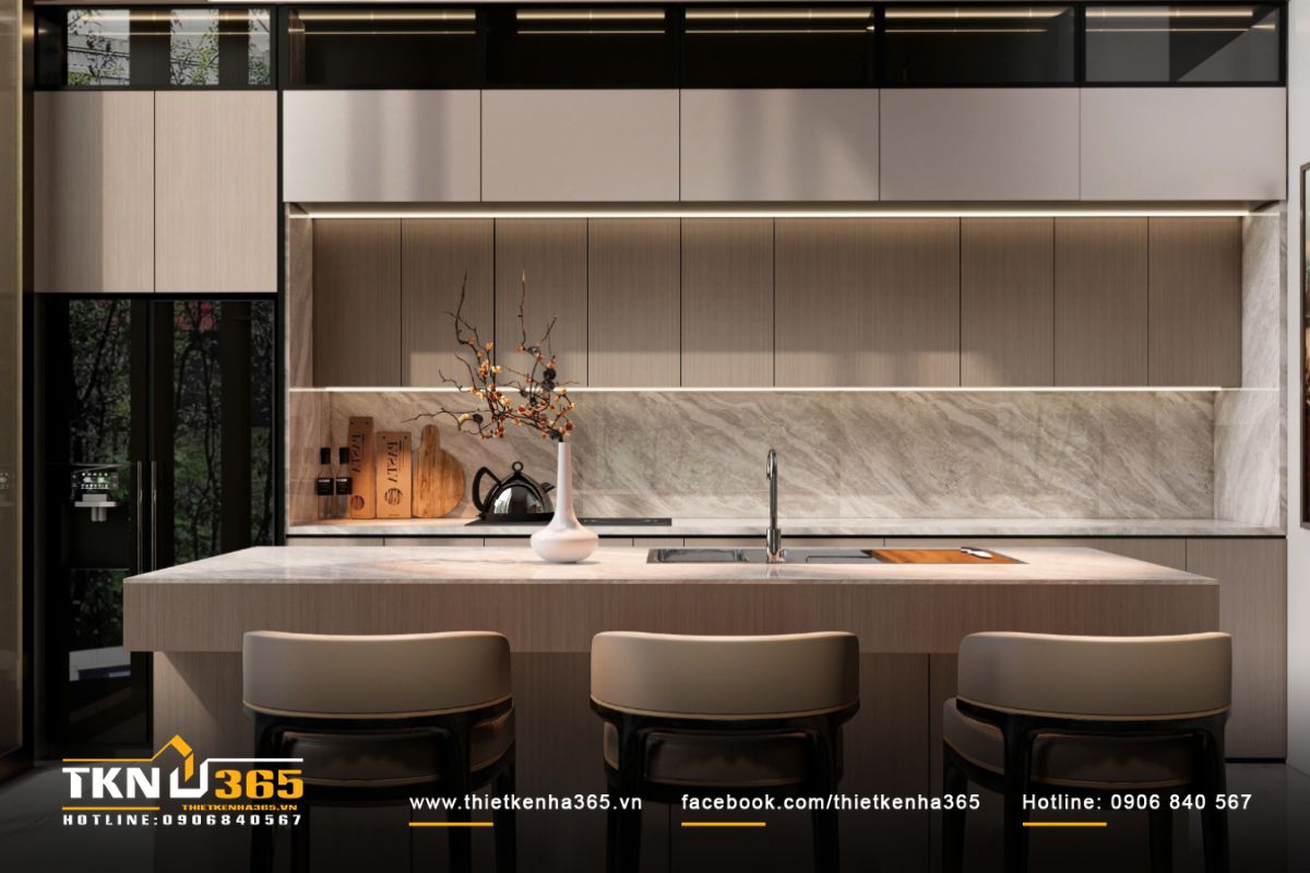 Hệ tủ trên và dưới bố trí thông minh, giấu thiết bị âm tủ, tối ưu diện tích mà vẫn đảm bảo tính thẩm mỹ