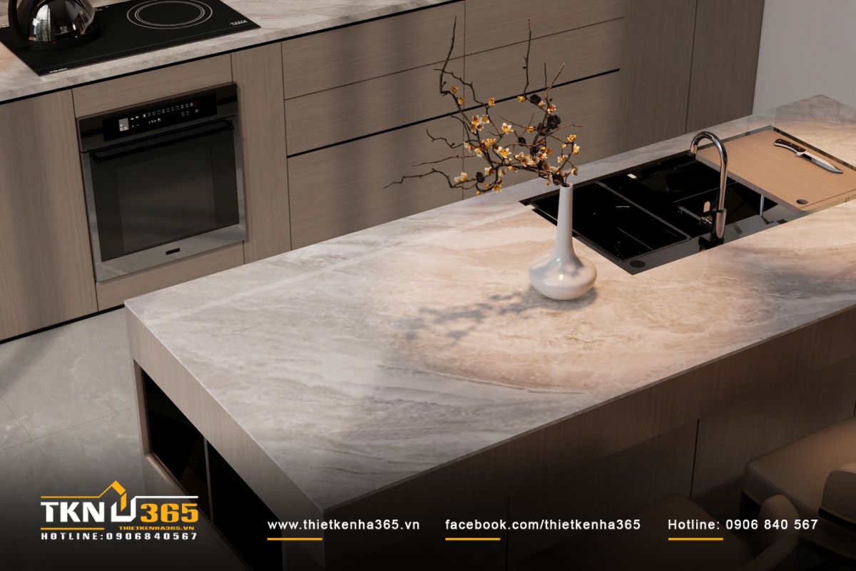 Đảo bếp trung tâm là khu vực chuẩn bị đồ ăn, đồng thời là nơi các thành viên cùng trò chuyện trong lúc nấu nướng