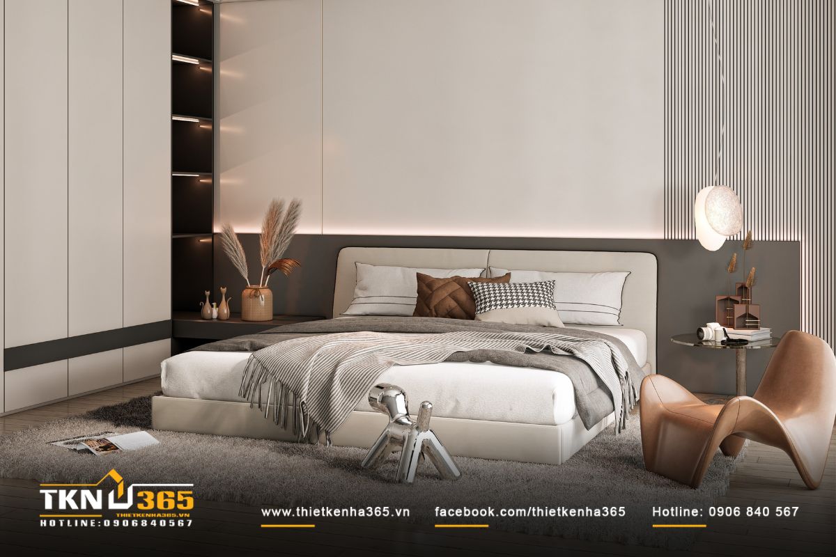 Tường đầu giường ốp panel phẳng kết hợp lam dọc, mang lại hiệu ứng thị giác cân bằng và hiện đại