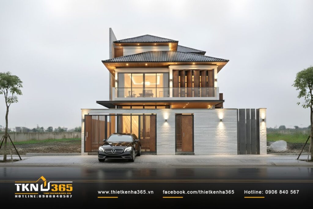 Mặt tiền chính diện, tỷ lệ cửa, lam và mảng tường bố trí hài hòa, nhấn mạnh sự chừng mực trong thiết kế