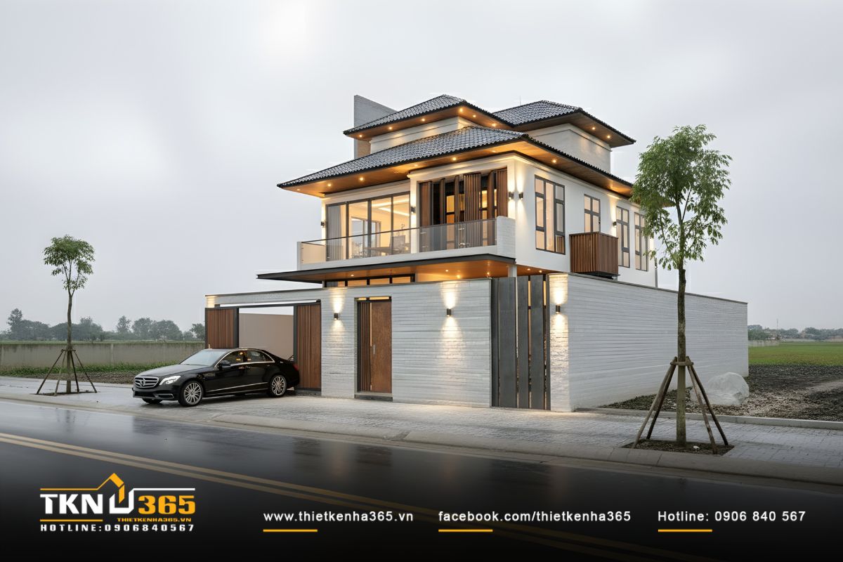 Góc phối cảnh nghiêng cho thấy sự liên kết mạch lạc giữa khối ngang - dọc và vật liệu gạch xám, gỗ, kính