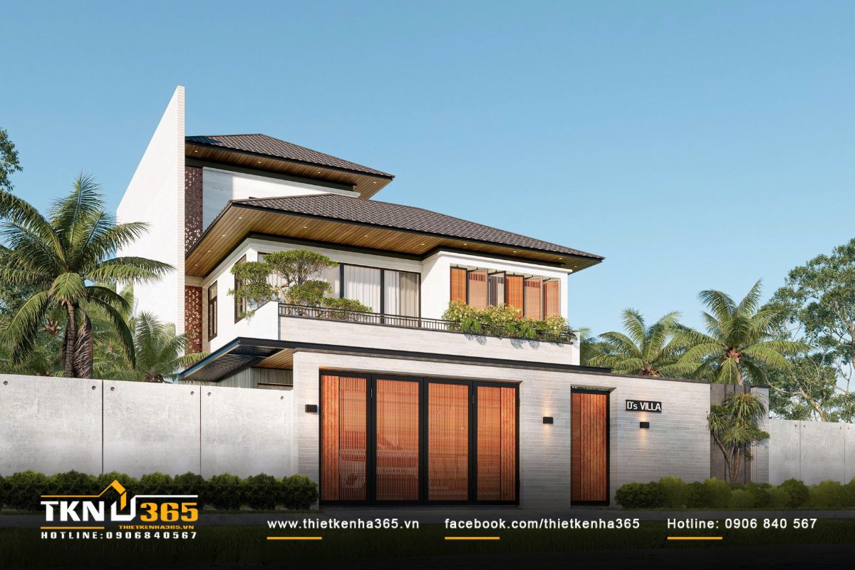 Tường gạch xám kết hợp lam gỗ và mảng xanh tầng hai mang lại cảm giác hài hòa, mộc mạc nhưng vẫn hiện đại