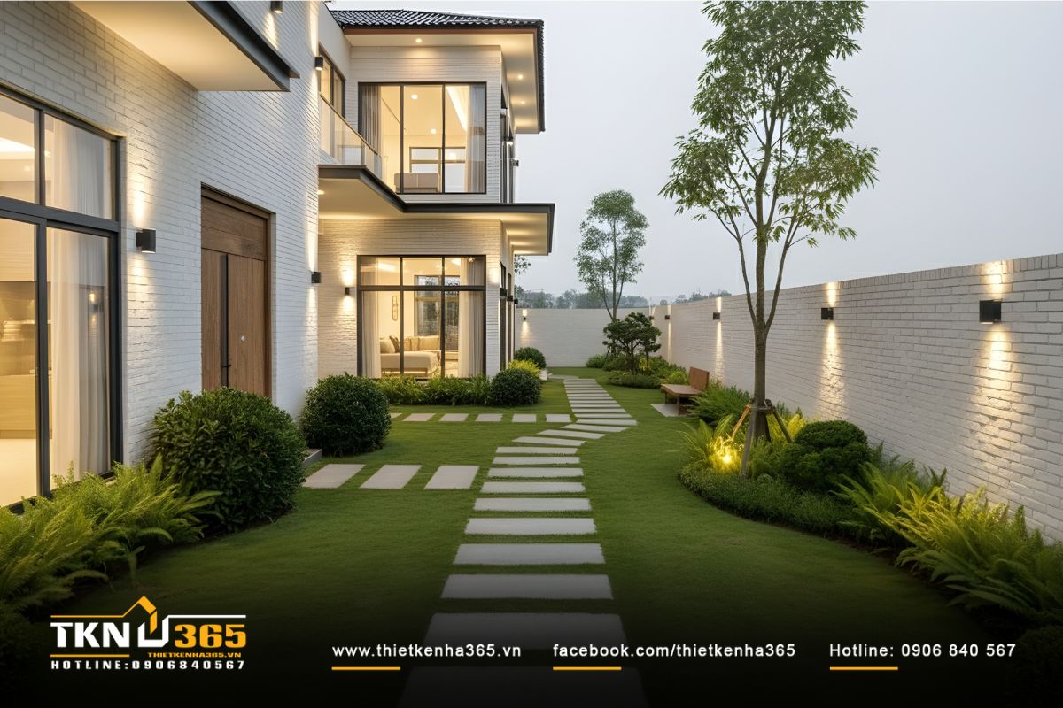 Lối đi lát đá xen cỏ trong sân vườn, kết nối nhịp nhàng giữa không gian trong - ngoài