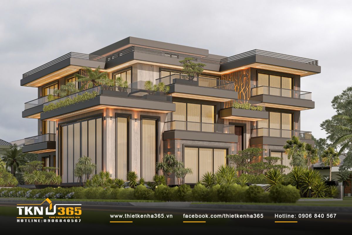 Toàn cảnh biệt thự 3 tầng thiết kế hình khối hiện đại, các lớp lam và bồn cây tạo hiệu ứng thị giác sinh động