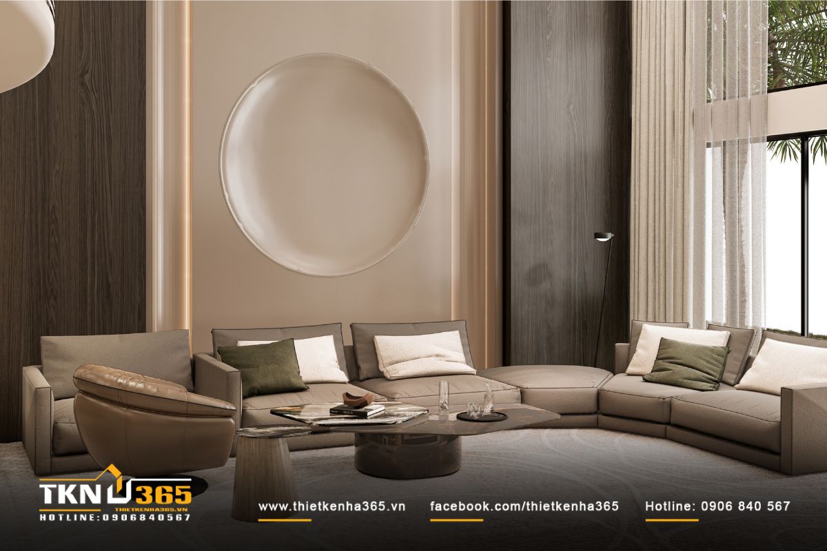 Bộ sofa dáng thấp bọc da nâu be kết hợp ghế xoay cong và bàn trà đá onyx sang trọng