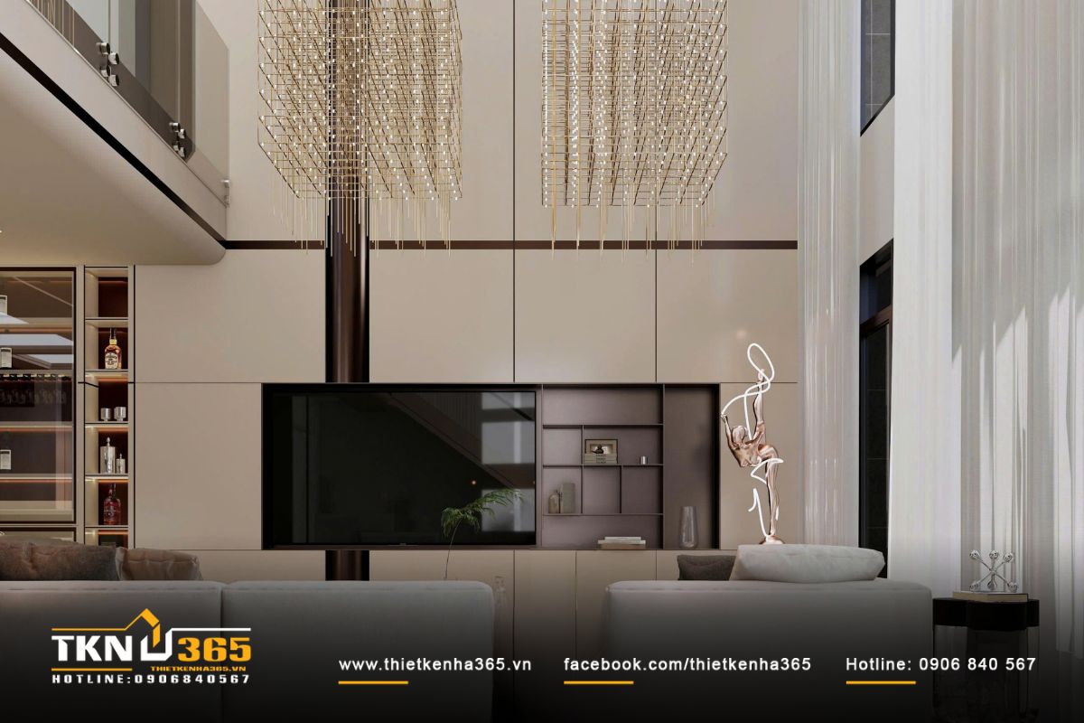 Đèn chùm kim loại dạng khối treo trên cao trở thành điểm nhấn nghệ thuật, tôn lên chiều sâu không gian