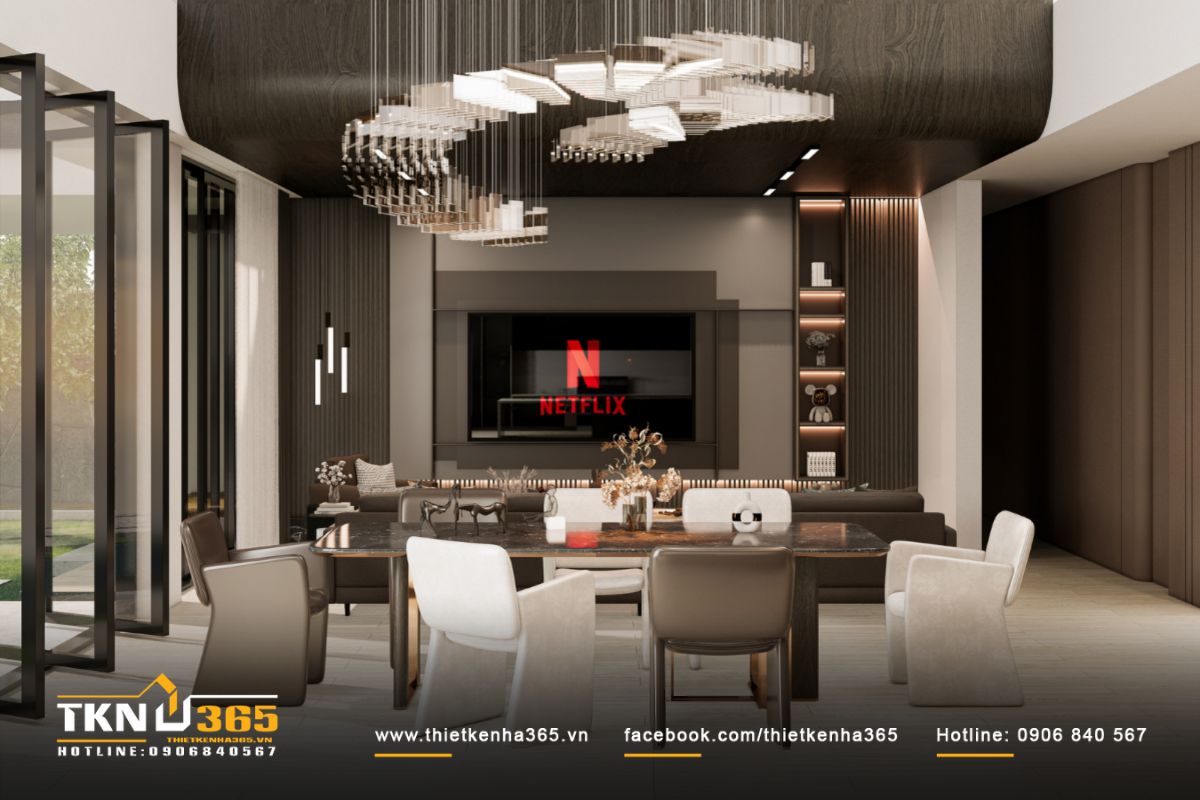 Không gian sinh hoạt chung mở tầm nhìn rộng thoáng ra sân vườn