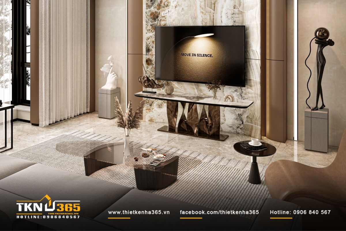 Góc nhìn hướng về khu vực tivi cho thấy sự cân bằng giữa vật liệu, ánh sáng và tỷ lệ hình khối