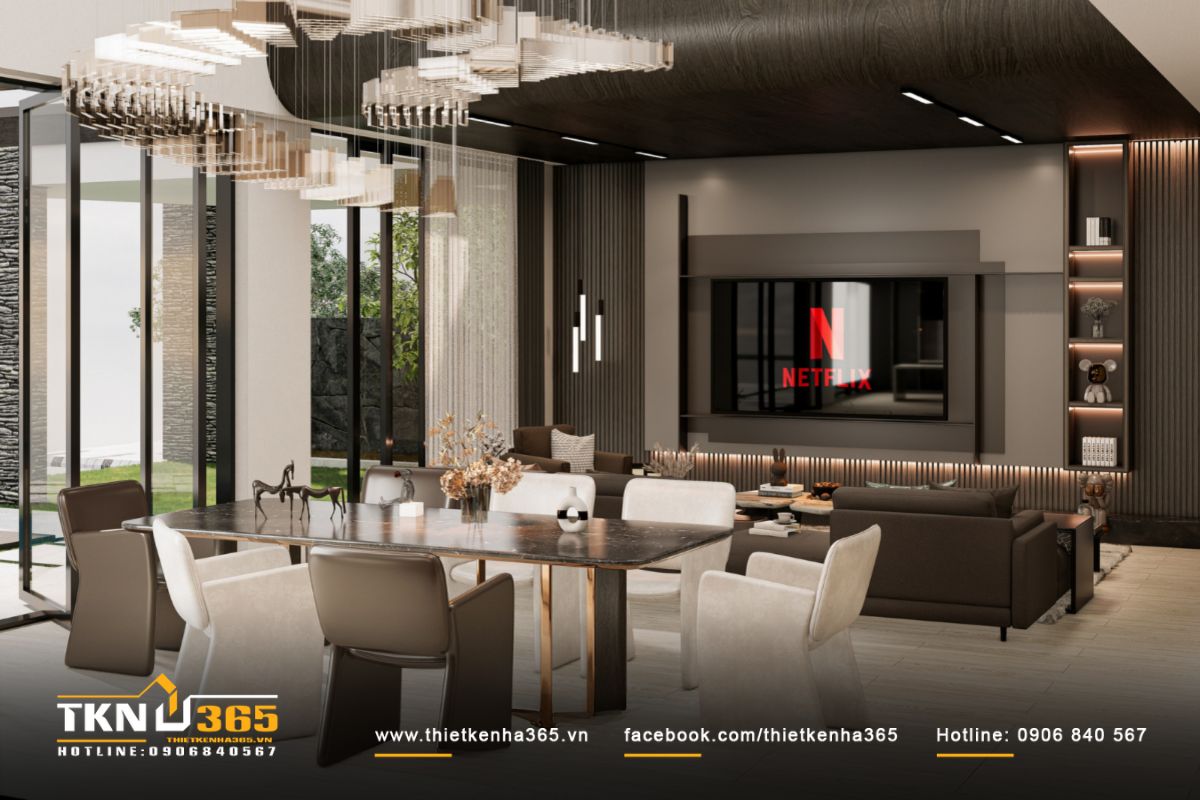 Không gian bếp - ăn liên thông, ánh sáng tự nhiên lan tỏa qua mảng kính lớn đến mọi ngóc ngách bên trong