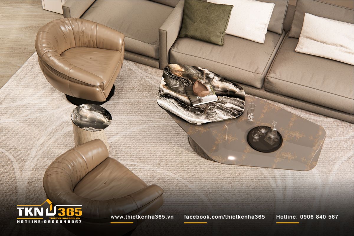 Góc nhìn phòng khách cho thấy sự cân bằng giữa vật liệu mềm - cứng, gam màu trung tính và đường nét tinh gọn