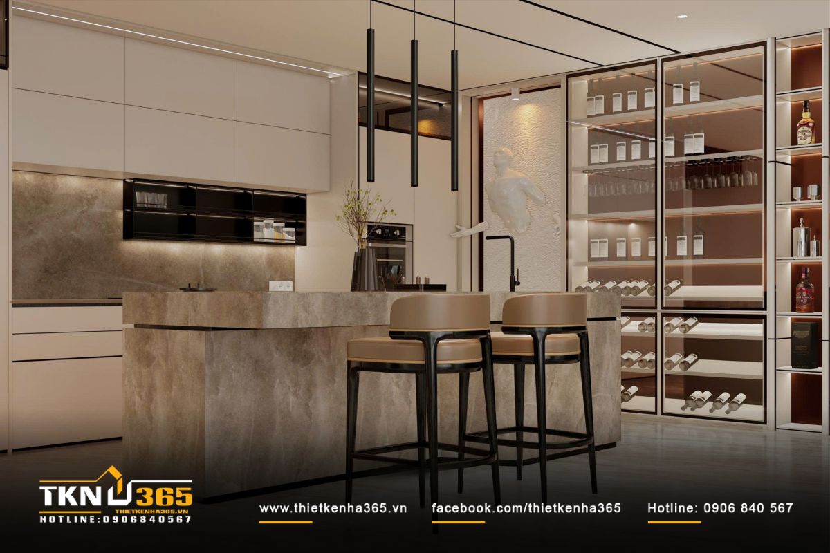 Tủ rượu bằng kính khung mảnh và đèn thả mang lại cảm giác gọn gàng và đẳng cấp