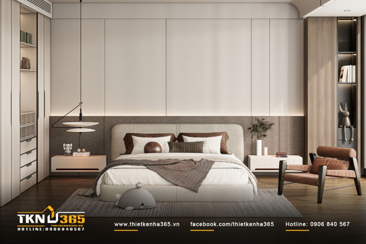 Phòng ngủ master sử dụng bảng màu trung tính và ánh sáng dịu nhẹ